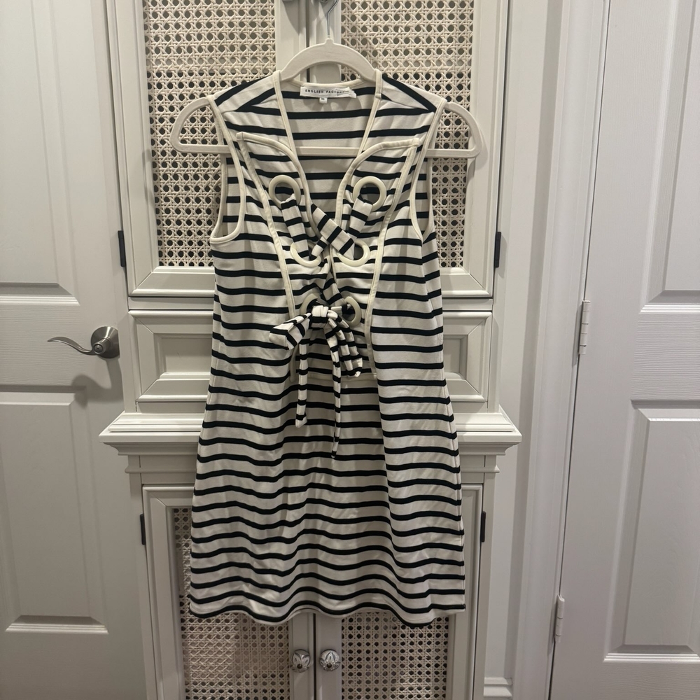 English Factory Black and White Striped Dress with Bow